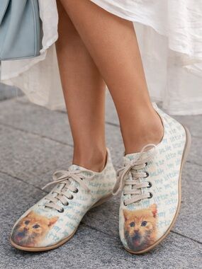 GOBY | Playful Cat Canvas Lace-Ups in Cream and Orange Sneakers